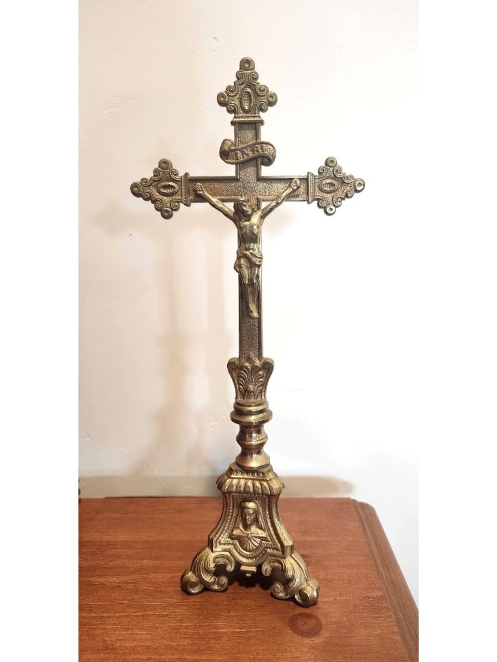 Antique 14" Large Altar Cross, INRI, Jesus on Cross, Jesus, Mary, Joseph Crucifi